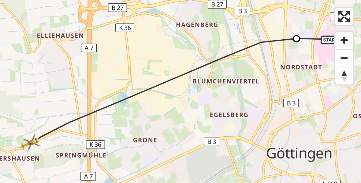 Flugroute Rettungshubschrauber Göttingen University Clinic Hubschrauberlandeplatz - Göttingen, 01 April 2026, 06:45