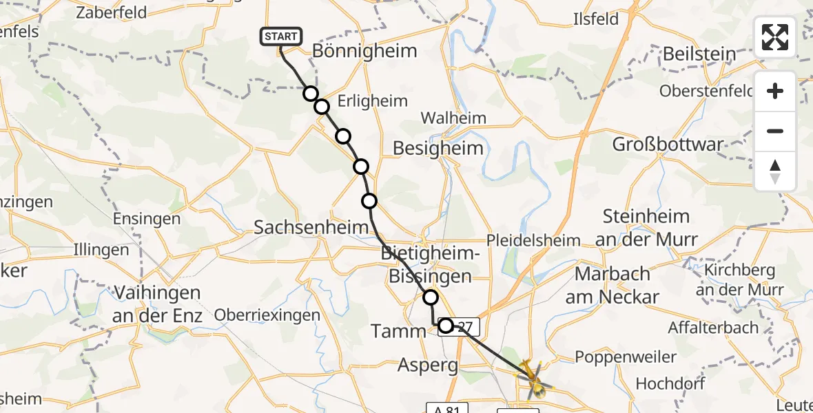 Routekaart van de vlucht: Rettungshubschrauber nach Ludwigsburg, Posilipostraße