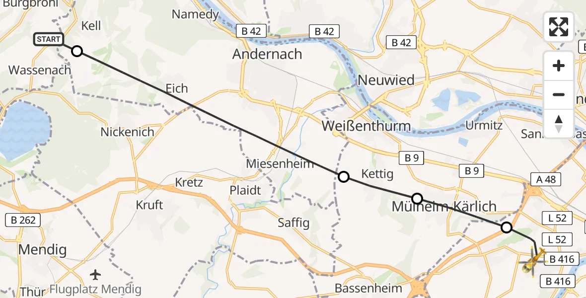 Routekaart van de vlucht: Rettungshubschrauber nach Koblenz, Rübenacher Straße