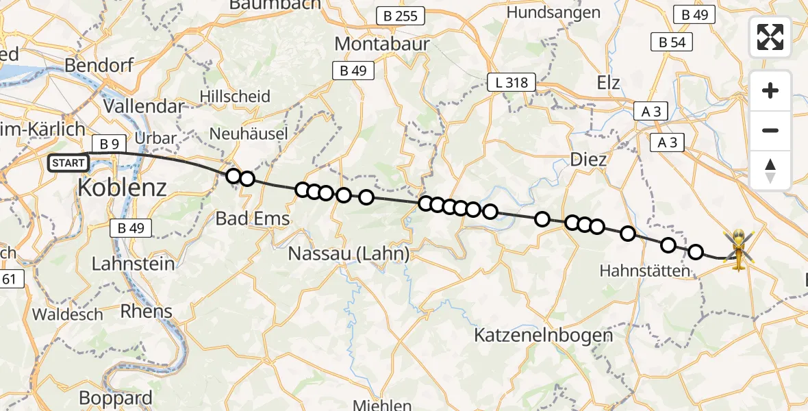 Flugroute Rettungshubschrauber Koblenz - Hünfelden, 01 April 2026, 07:02