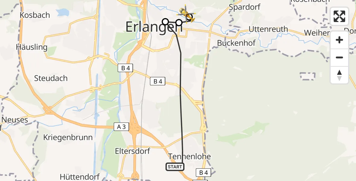 Routekaart van de vlucht: Rettungshubschrauber nach Erlangen University Hospital Ebrardstraße
