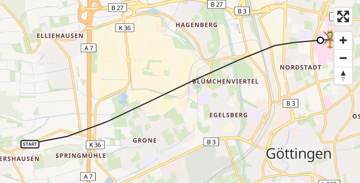 Routekaart van de vlucht: Rettungshubschrauber nach Göttingen University Clinic Hubschrauberlandeplatz