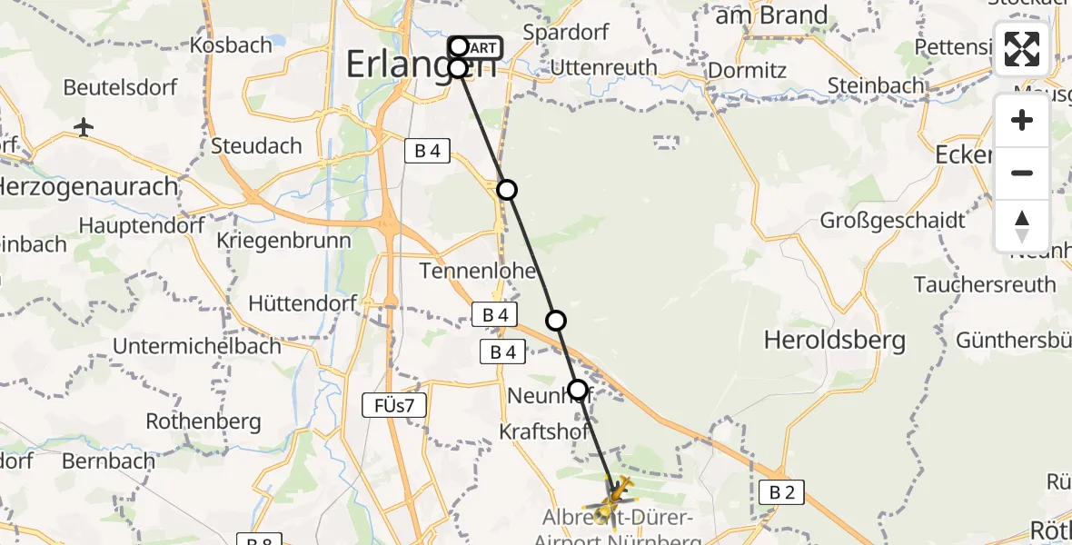 Routekaart van de vlucht: Rettungshubschrauber nach Flughafen Nuremberg