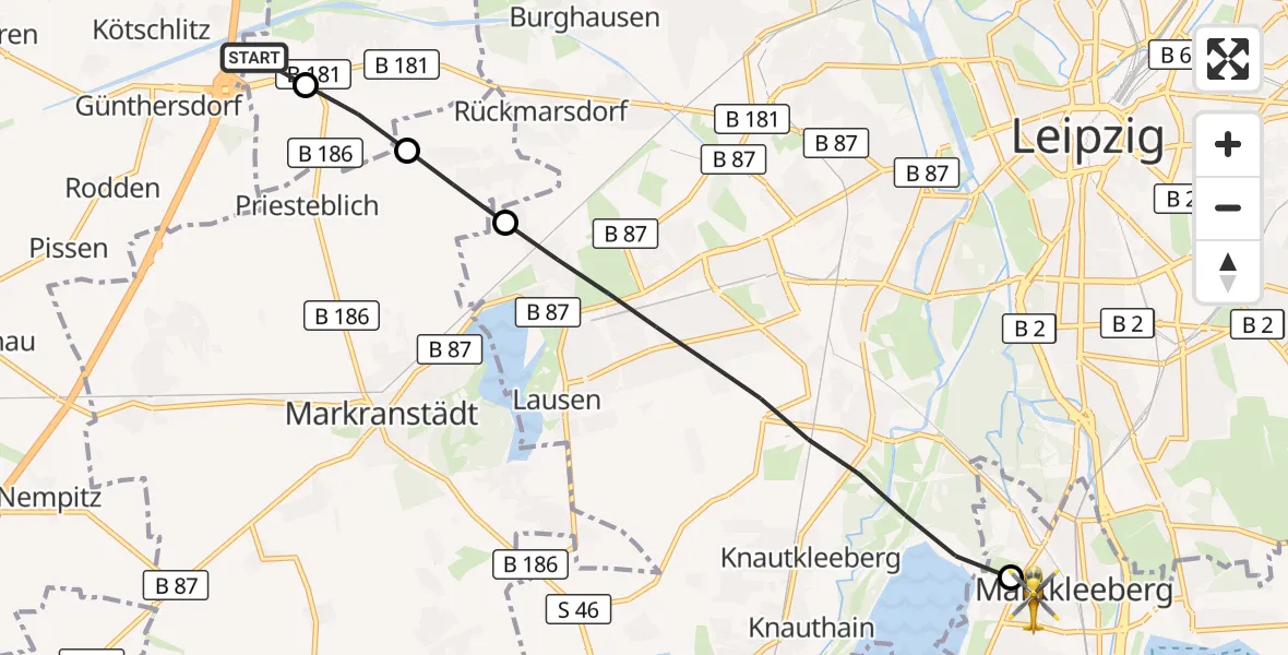 Flugroute Rettungshubschrauber ADAC Air Rescue Station Leipzig/Schkeuditz-Dölzig Hubschrauberlandeplatz (Christoph 61) - Markkleeberg, 01 April 2026, 07:47