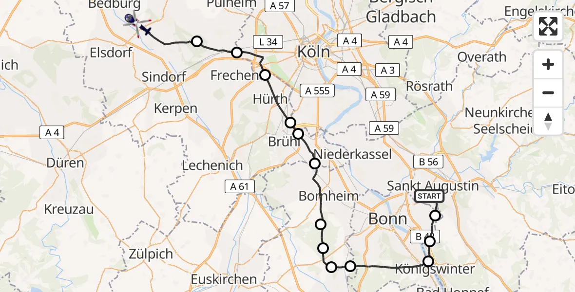 Flugroute Polizeihubschrauber Sankt Augustin - Bergheim, 01 April 2026, 07:57