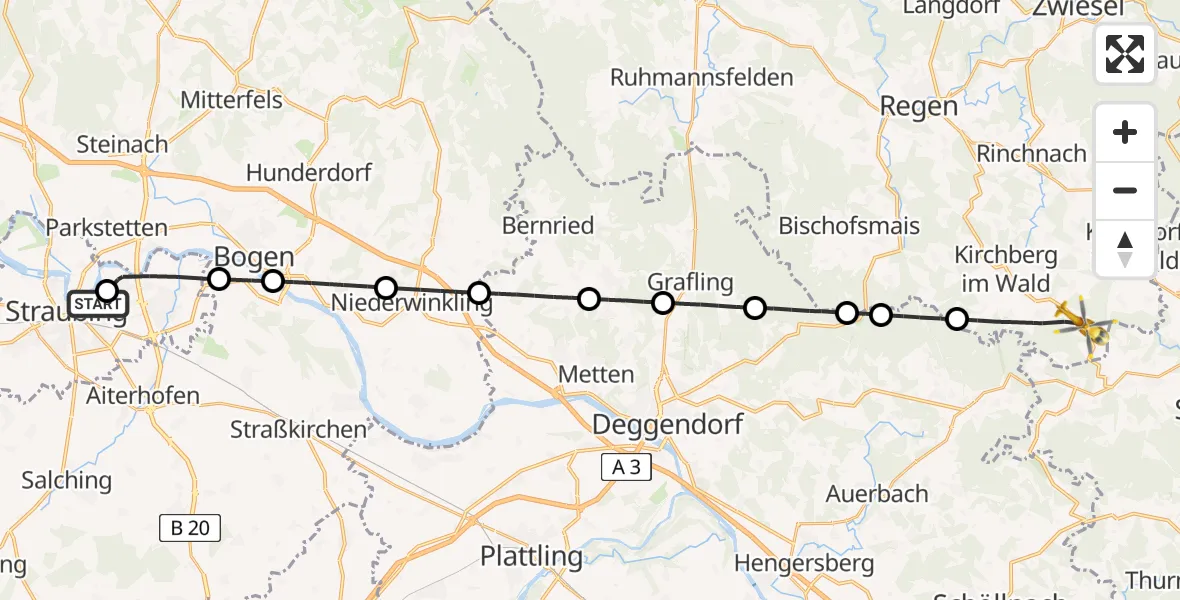 Routekaart van de vlucht: Rettungshubschrauber nach Kirchberg i.Wald, Jägerstraße