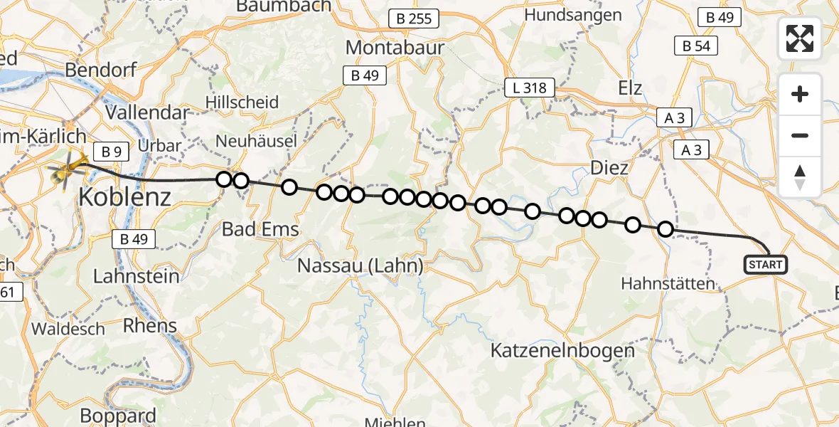 Flugroute Rettungshubschrauber Hünfelden - Koblenz, 01 April 2026, 08:05