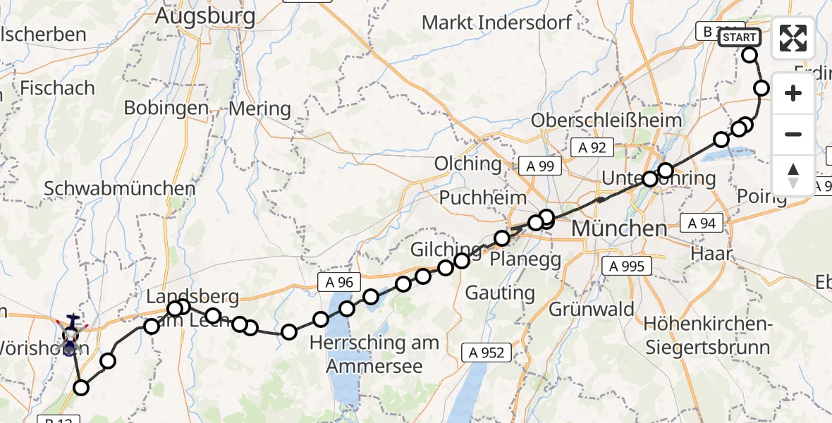 Routekaart van de vlucht: Polizeihubschrauber nach Buchloe, A 96