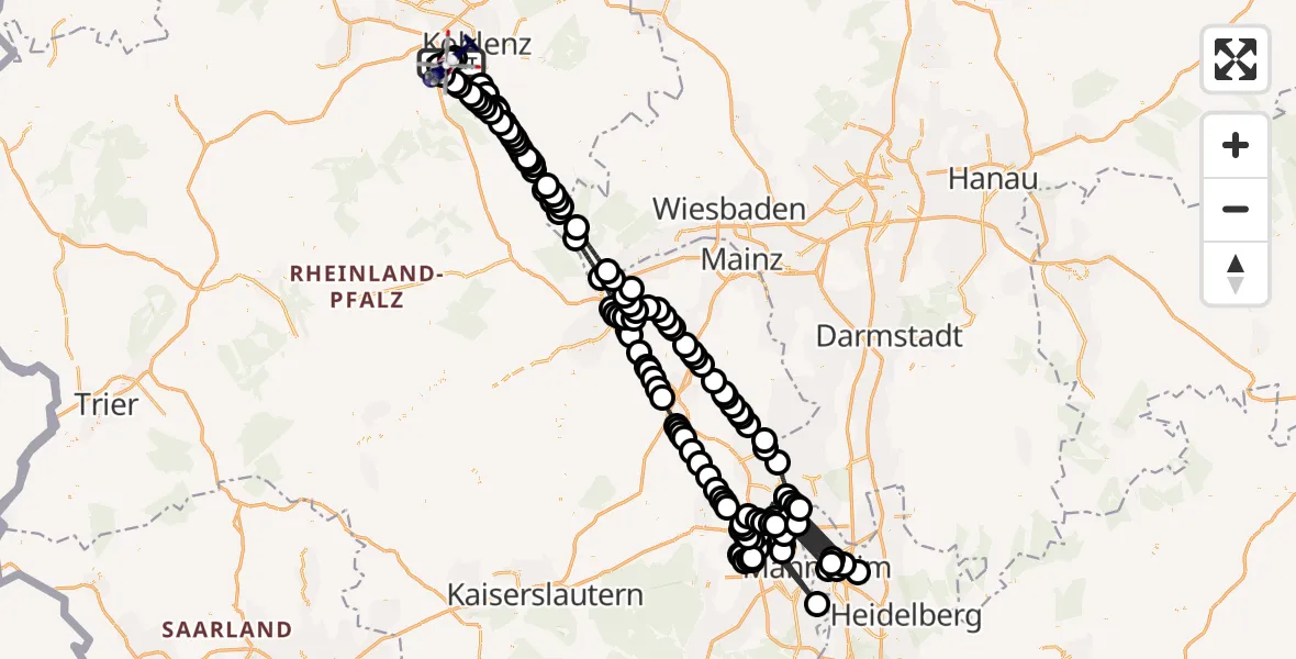 Routekaart van de vlucht: Polizeihubschrauber nach Koblenz-Winningen Flugplatz