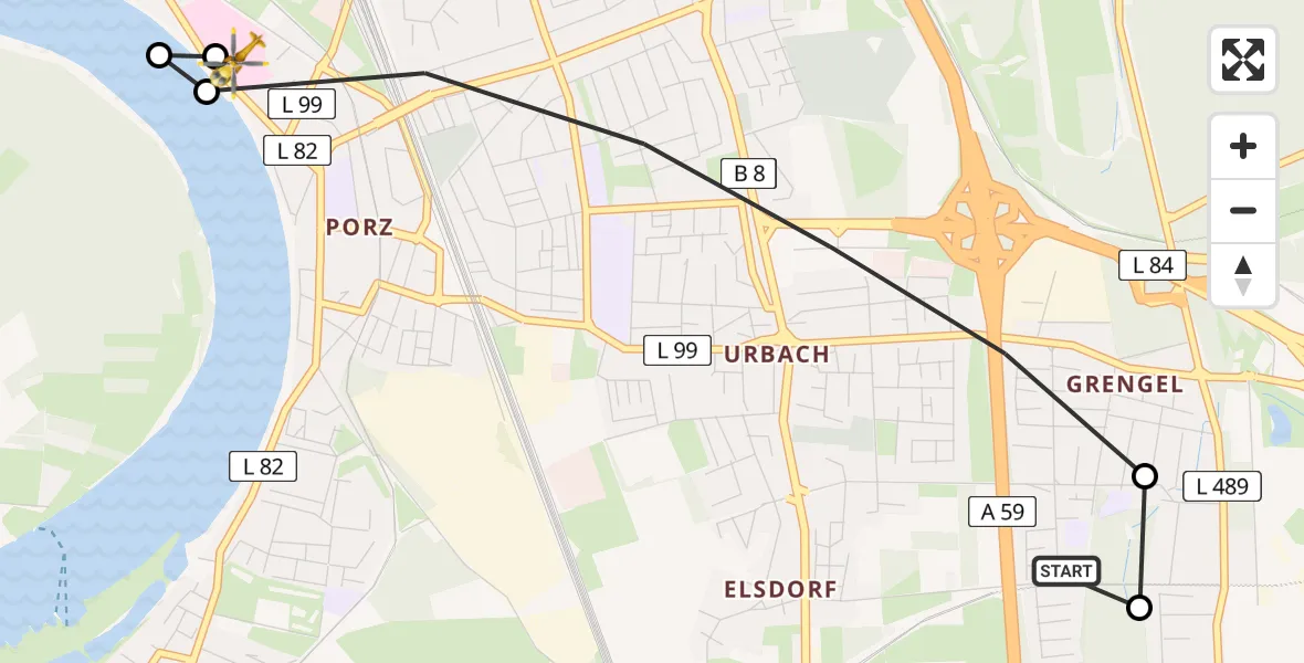 Routekaart van de vlucht: Rettungshubschrauber nach Porz am Rhein Hospital