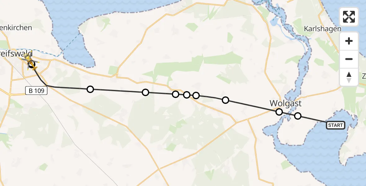 Routekaart van de vlucht: Rettungshubschrauber nach Greifswald Hospital