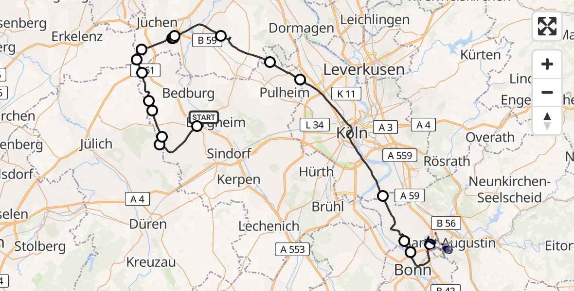 Routekaart van de vlucht: Polizeihubschrauber nach Bonn-Hangelar Flugplatz