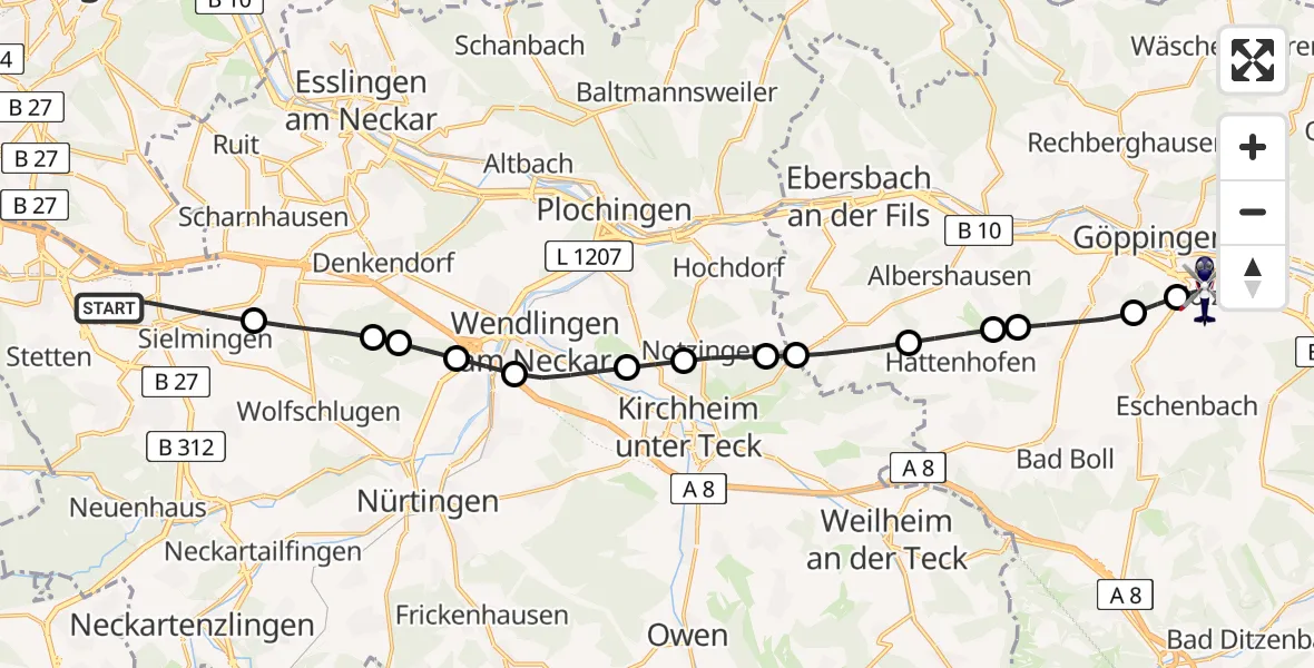 Routekaart van de vlucht: Polizeihubschrauber nach Göppingen, Iltishofweg
