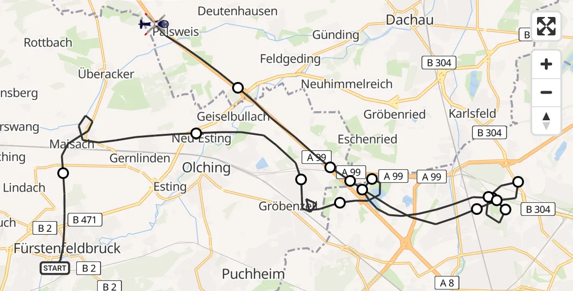Routekaart van de vlucht: Polizeihubschrauber nach Bergkirchen, A 8