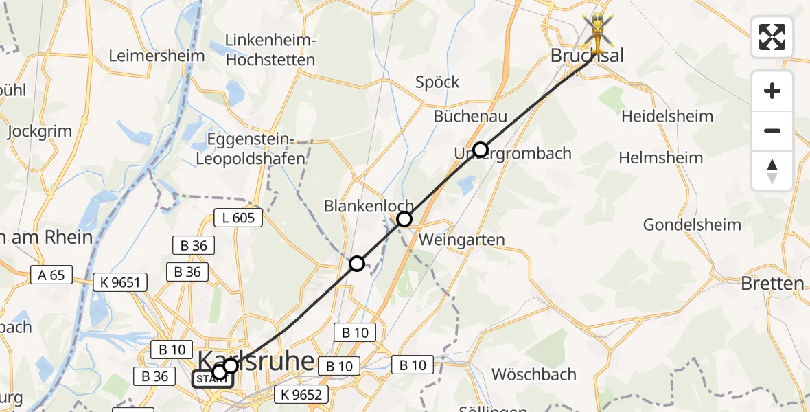 Flugroute Rettungshubschrauber Sankt Vincentius Hospital - Bruchsal, 01 April 2026, 09:15