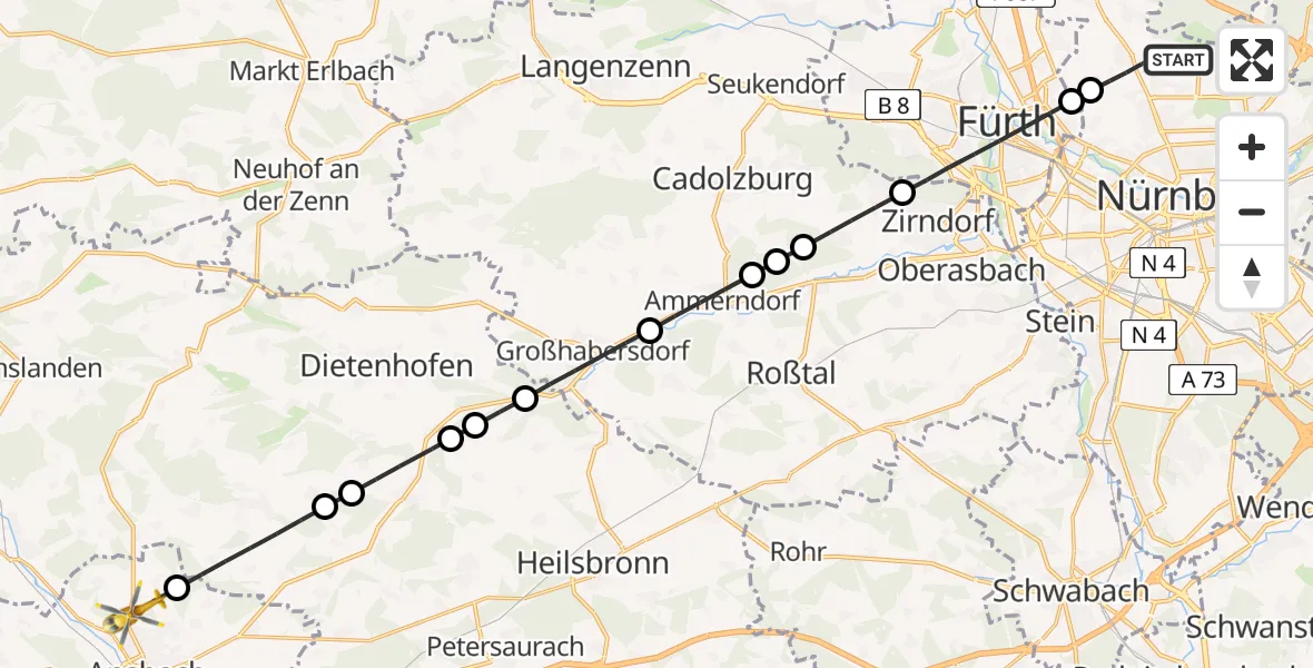 Flugroute Ambulanzhubschrauber Flughafen Nuremberg - Ansbach, 01 April 2026, 09:50