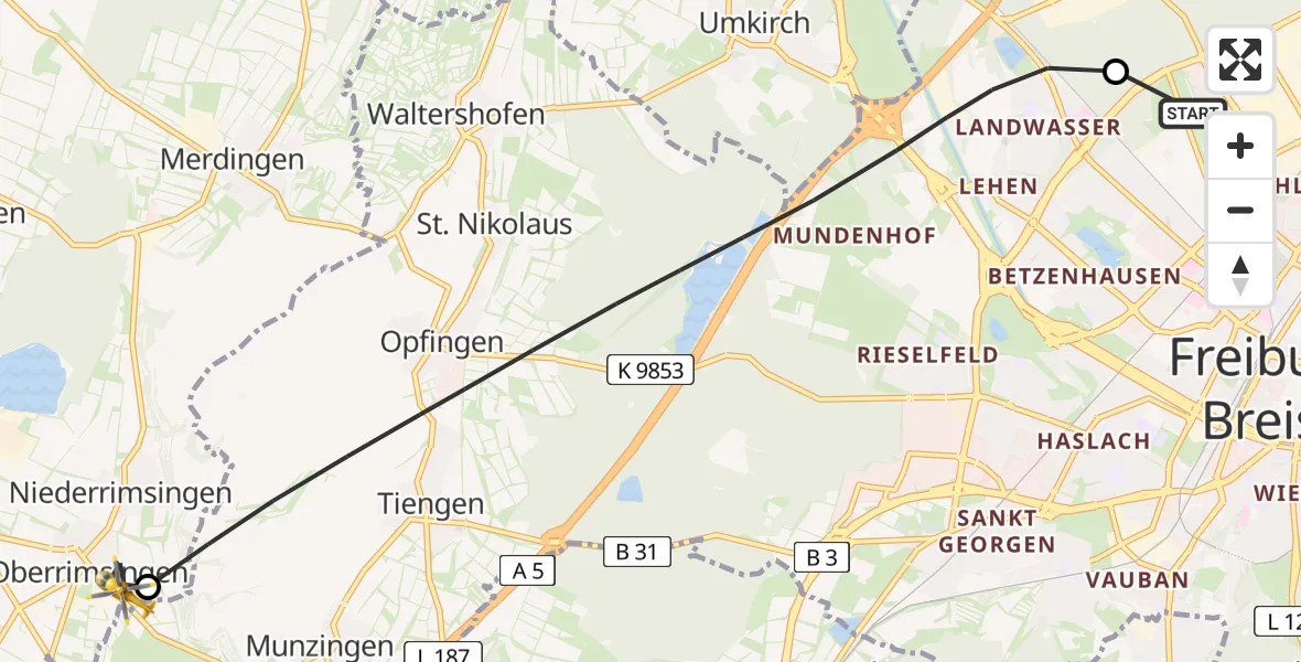Flugroute Rettungshubschrauber Freiburg im Breisgau Flugplatz - Breisach am Rhein, 01 April 2026, 09:54