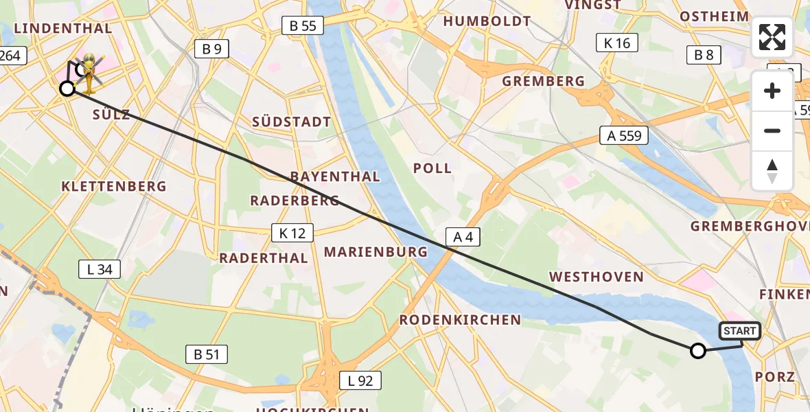 Flugroute Rettungshubschrauber Porz am Rhein Hospital - Köln University Hospital, 01 April 2026, 09:58