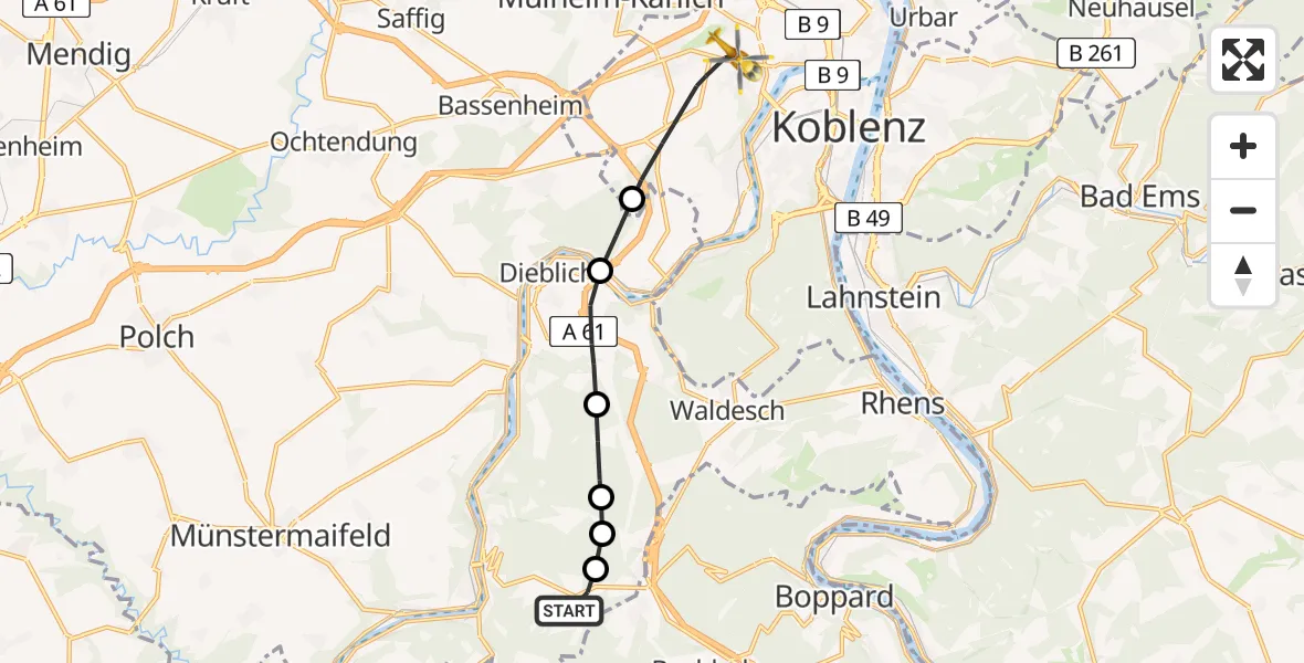 Routekaart van de vlucht: Rettungshubschrauber nach Koblenz, Metternicher Weg