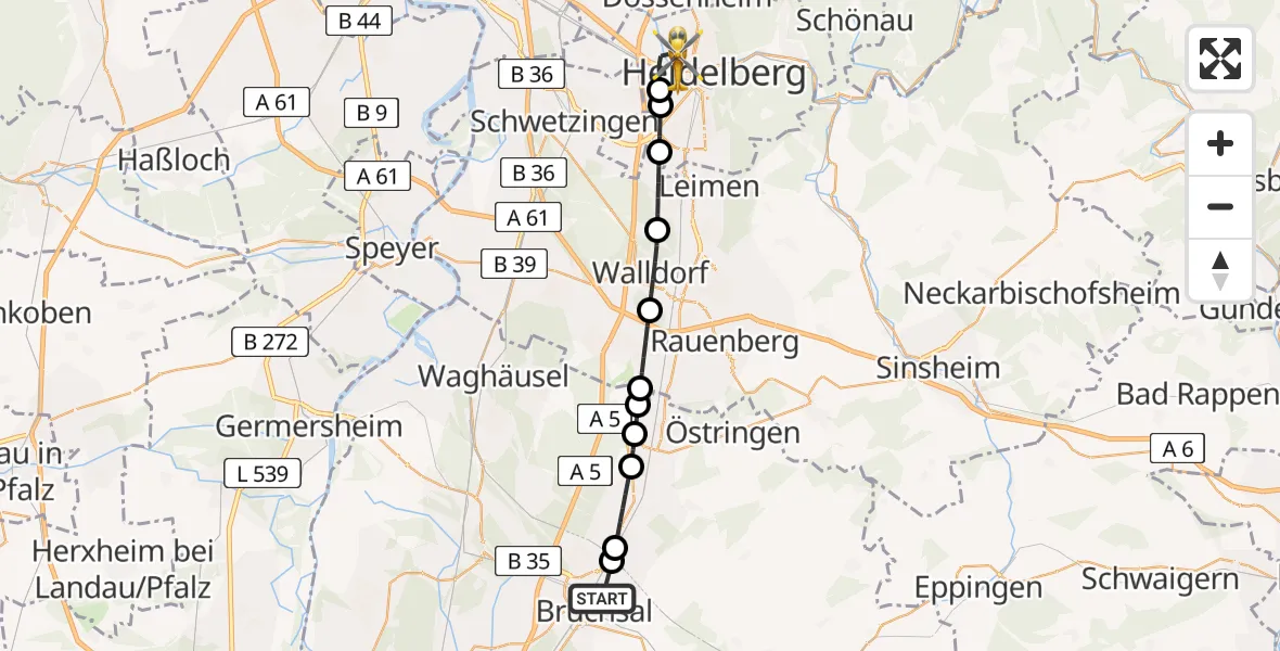 Flugroute Rettungshubschrauber Bruchsal - Heidelberg, 01 April 2026, 10:24