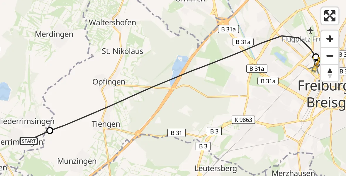 Routekaart van de vlucht: Rettungshubschrauber nach Freiburg University Hospital Heliport 1
