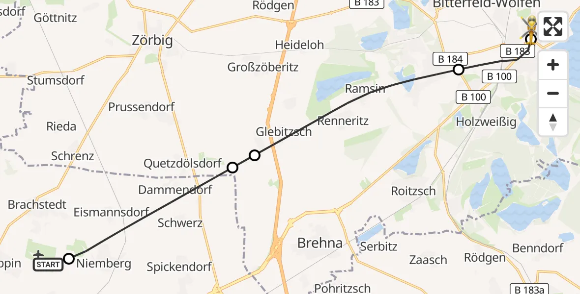 Routekaart van de vlucht: Rettungshubschrauber nach Bitterfield-Wolfen Health Center Hubschrauberlandeplatz