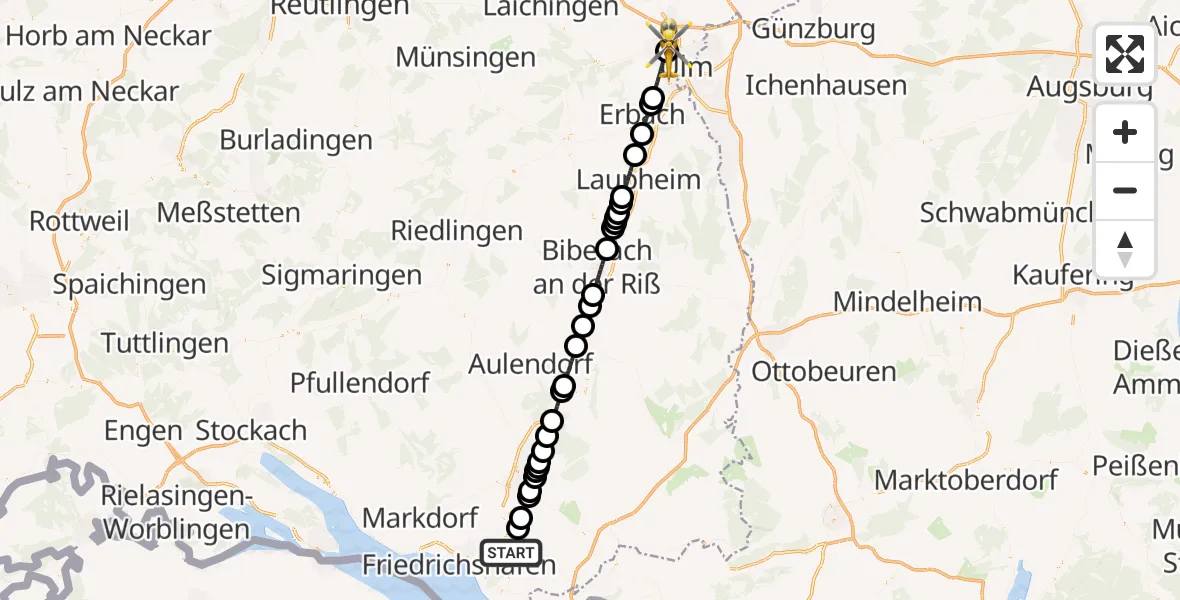 Routekaart van de vlucht: Rettungshubschrauber nach Ulm Military Hospital Emergency Hubschrauberlandeplatz