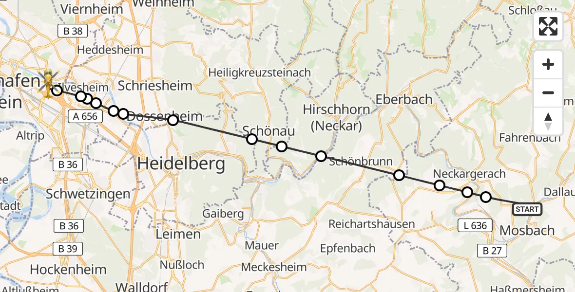 Flugroute Rettungshubschrauber Mosbach - Mannheim-City Flughafen, 01 April 2026, 10:57
