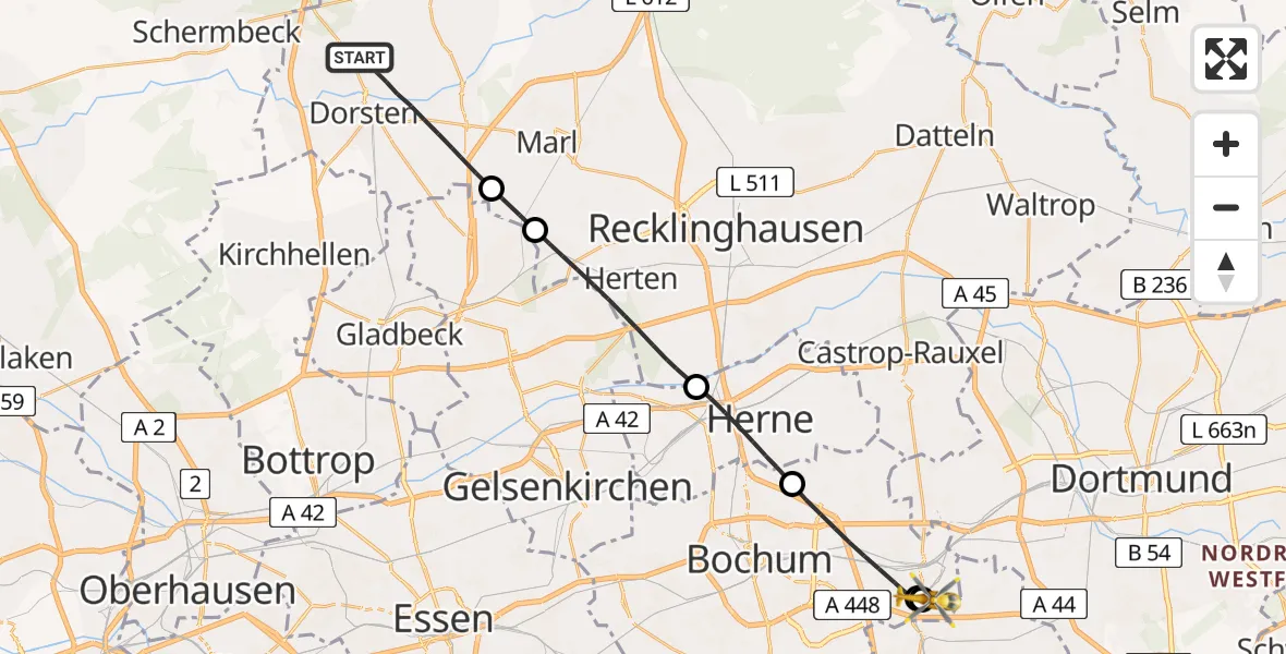 Routekaart van de vlucht: Rettungshubschrauber nach Bochum University Miners' Hospital
