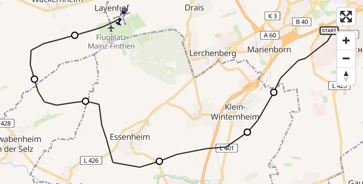 Routekaart van de vlucht: Polizeihubschrauber nach Mainz-Finthen Flugplatz