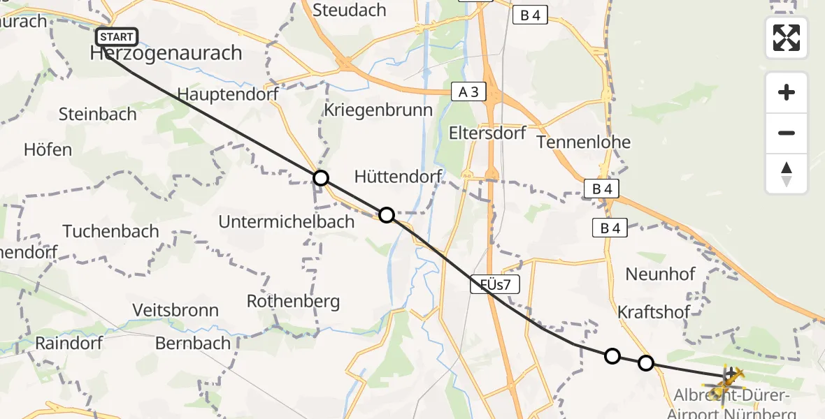 Routekaart van de vlucht: Rettungshubschrauber nach Flughafen Nuremberg