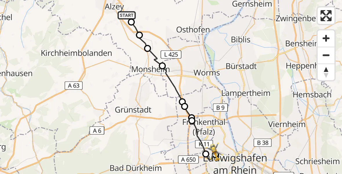 Routekaart van de vlucht: Rettungshubschrauber nach Ludwigshafen am Rhein, Sternstraße