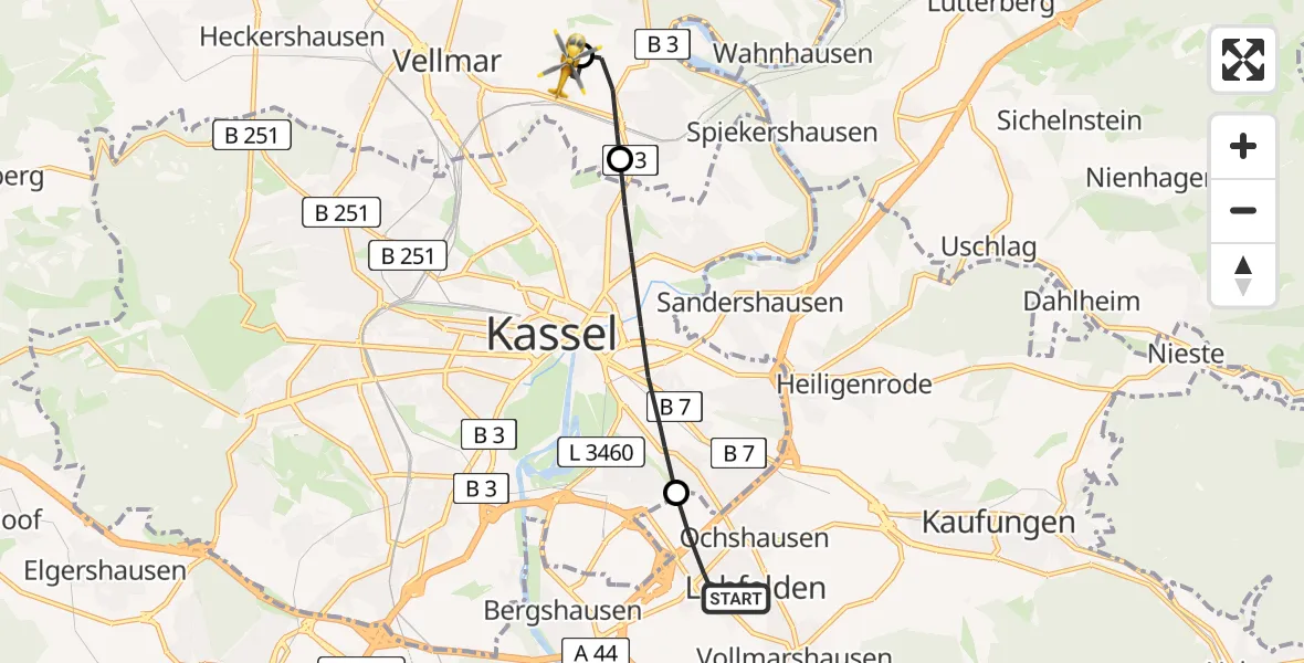 Routekaart van de vlucht: Rettungshubschrauber nach Fuldatal Bundespolizei Hubschrauberlandeplatz
