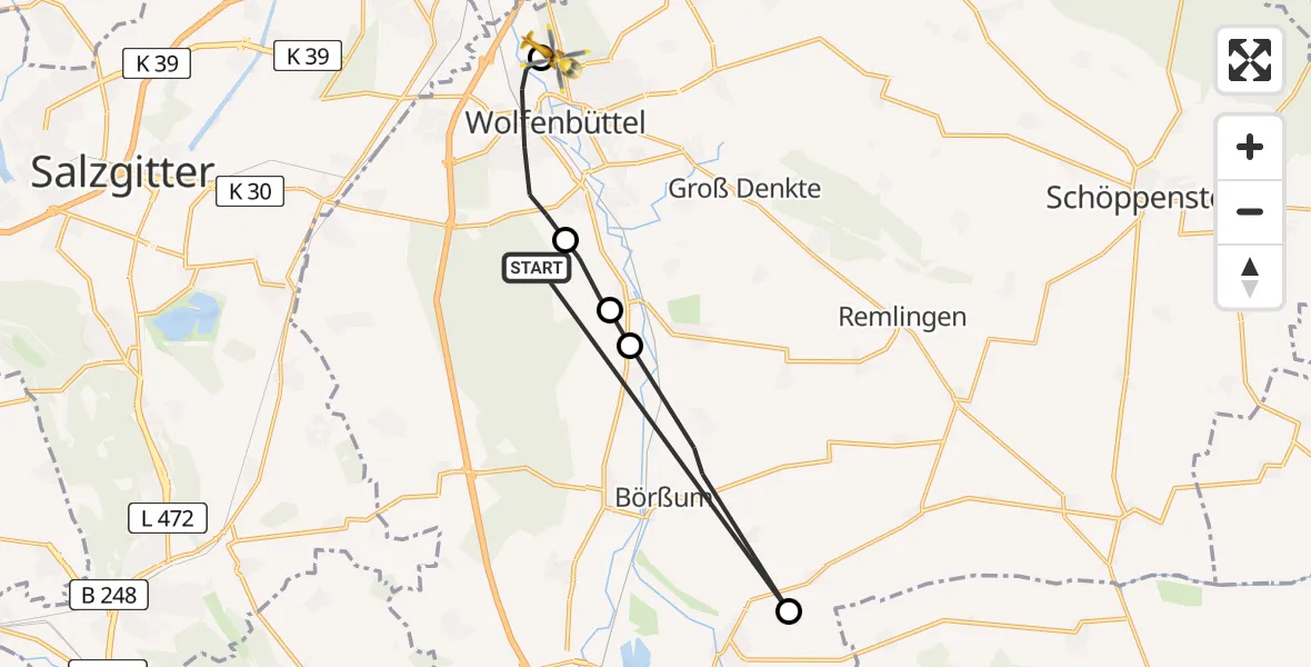 Flugroute Rettungshubschrauber Wolfenbüttel - Wolfenbüttel Municipal Hospital Heliport (Christoph 30), 01 April 2026, 11:17