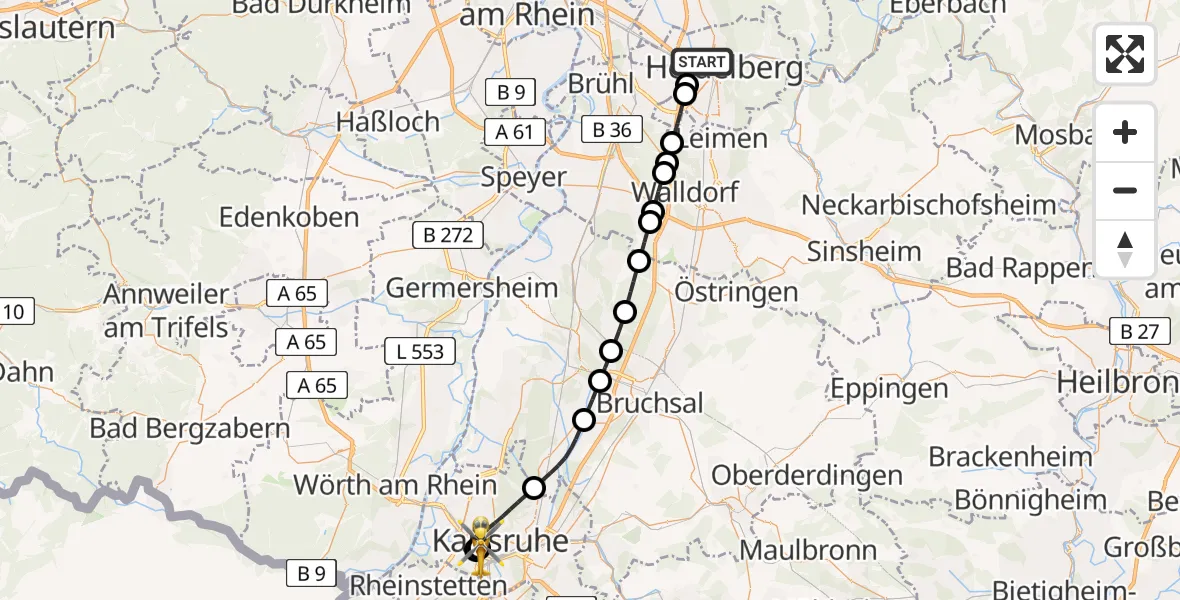 Flugroute Rettungshubschrauber Heidelberg - Sankt Vincentius Hospital, 01 April 2026, 11:23