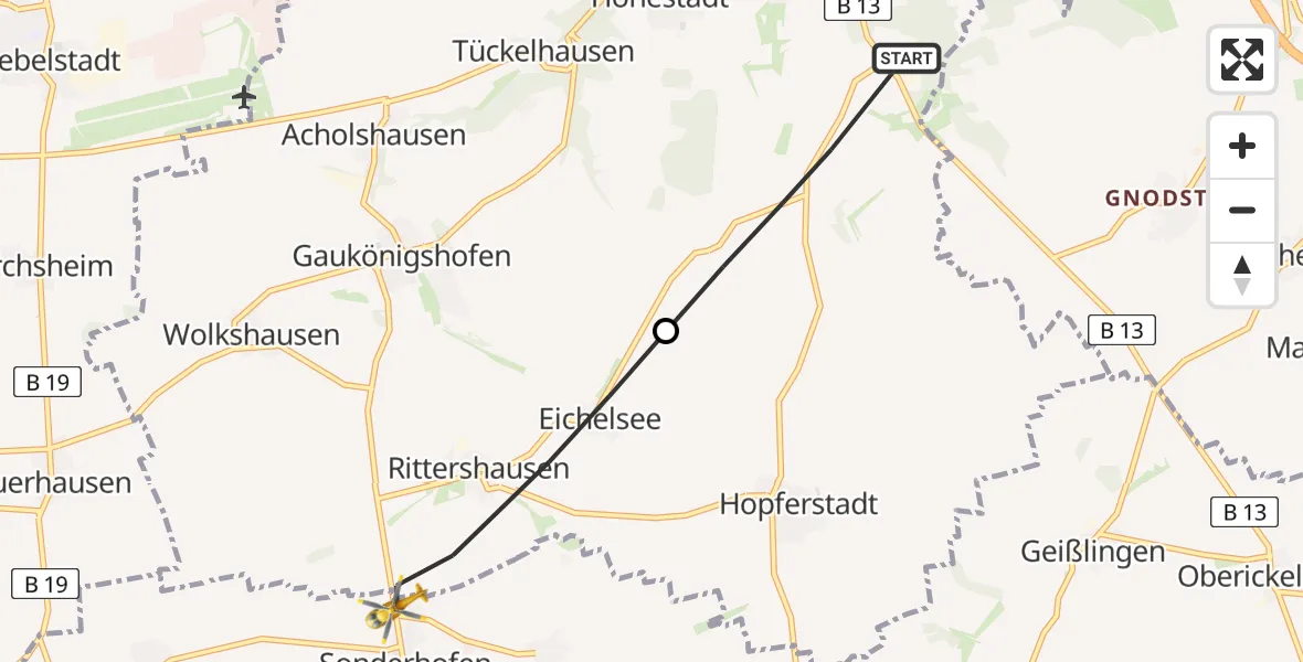 Routekaart van de vlucht: Rettungshubschrauber nach Sonderhofen, WÜ 43