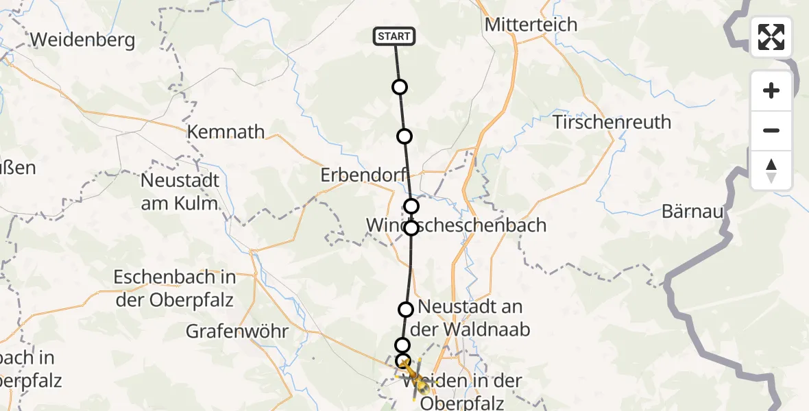 Flugroute Rettungshubschrauber Waldershof - Weiden i.d.OPf., 01 April 2026, 11:59