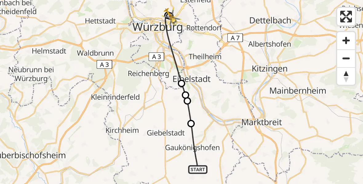 Routekaart van de vlucht: Rettungshubschrauber nach Würzburg University Hospital Rooftop