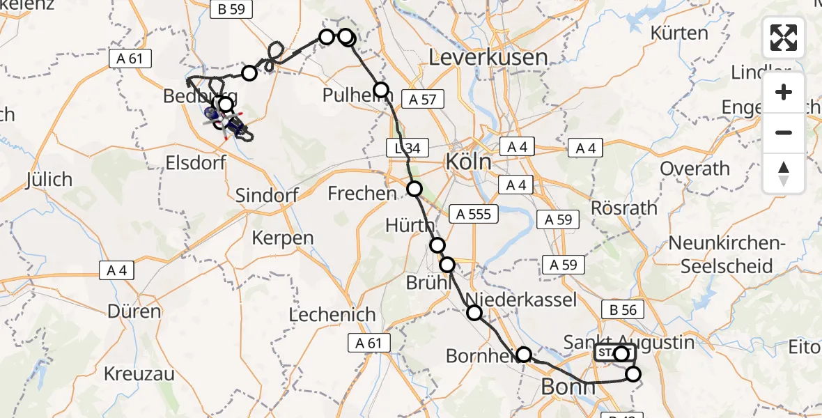 Routekaart van de vlucht: Polizeihubschrauber nach Bergheim Flugplatz