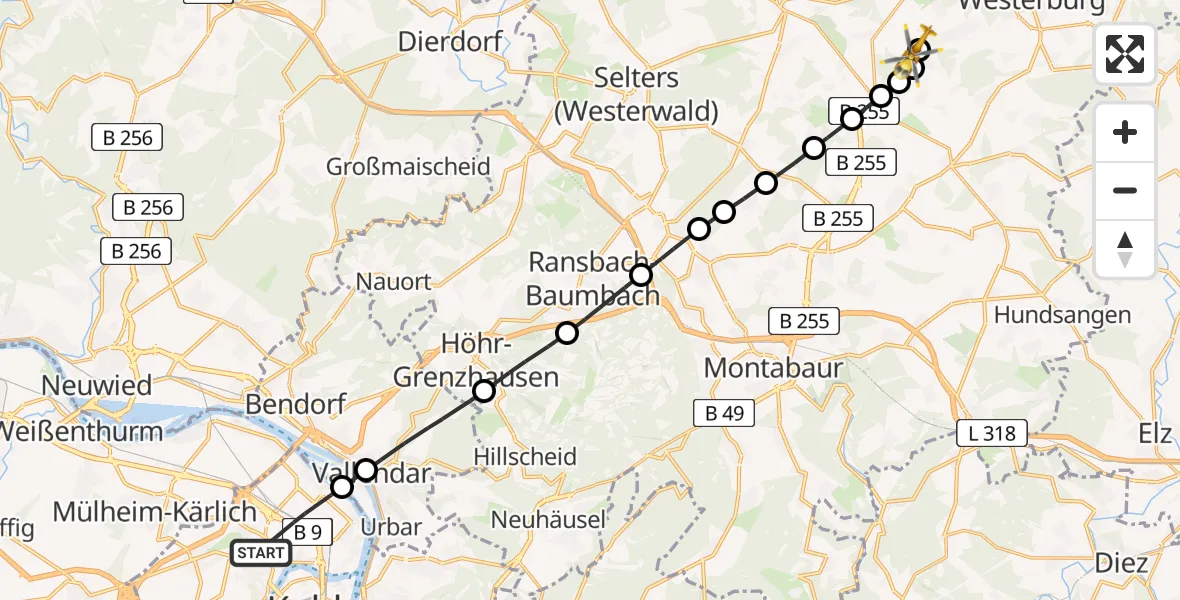 Flugroute Rettungshubschrauber Koblenz - Härtlingen, 01 April 2026, 12:24