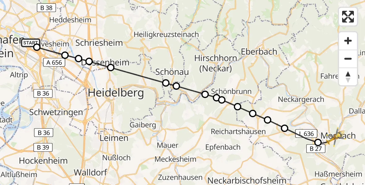 Flugroute Rettungshubschrauber Mannheim-City Flughafen - Mosbach, 01 April 2026, 12:27