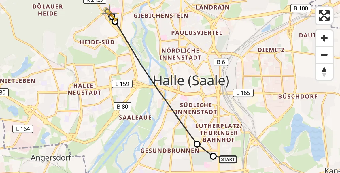 Flugroute Ambulanzhubschrauber BG Hospital Bergmannstrost Halle - Halle (Saale) University Hospital, 01 April 2026, 12:49