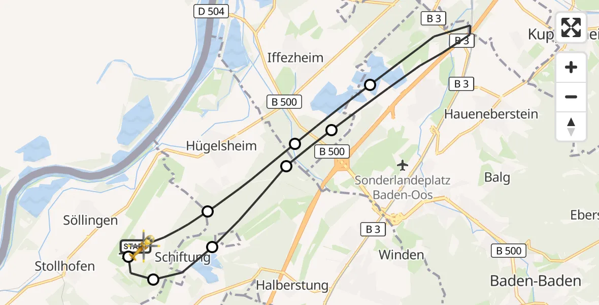 Flugroute Rettungshubschrauber Karlsruhe Baden-Baden Flughafen - Karlsruhe Baden-Baden Flughafen, 01 April 2026, 12:51