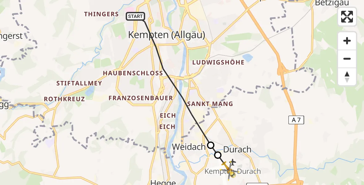 Flugroute Rettungshubschrauber Kempten (Allgäu) - Kempten-Durach Flugplatz, 01 April 2026, 13:02