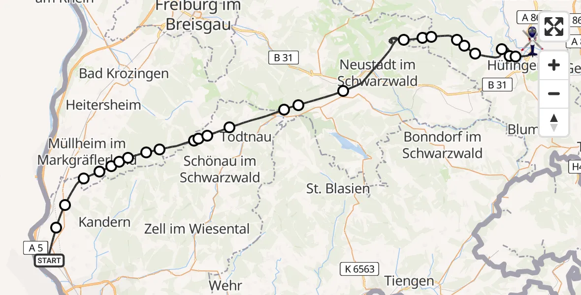 Routekaart van de vlucht: Polizeihubschrauber nach Donaueschingen, Pfohrener Straße