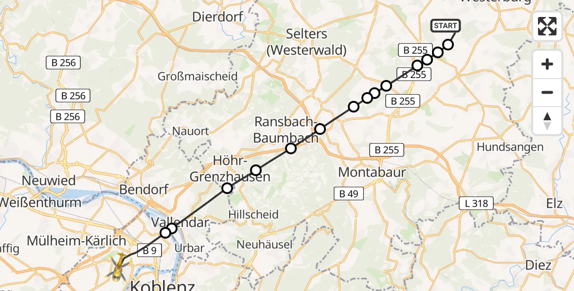 Routekaart van de vlucht: Rettungshubschrauber nach Koblenz, Rübenacher Straße