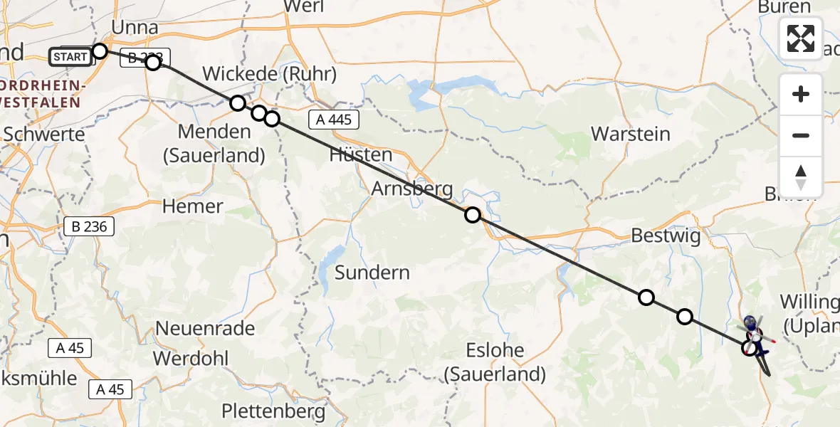 Routekaart van de vlucht: Polizeihubschrauber nach Olsberg, B 480