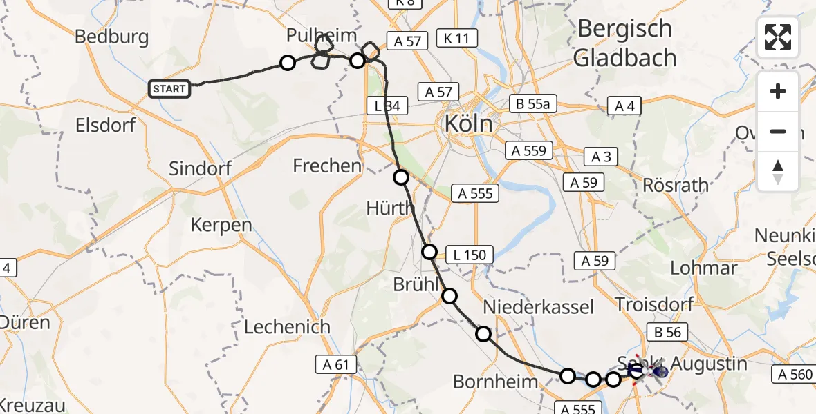 Flugroute Polizeihubschrauber Bergheim - Sankt Augustin, 01 April 2026, 13:22