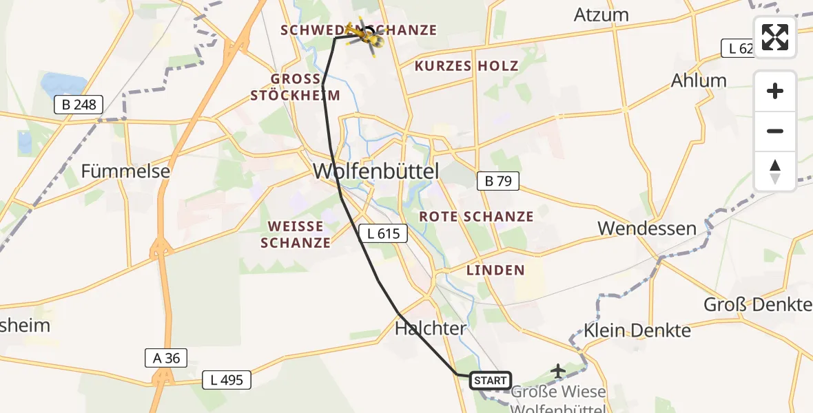 Flugroute Rettungshubschrauber Wolfenbüttel - Wolfenbüttel Municipal Hospital Heliport (Christoph 30), 01 April 2026, 13:36