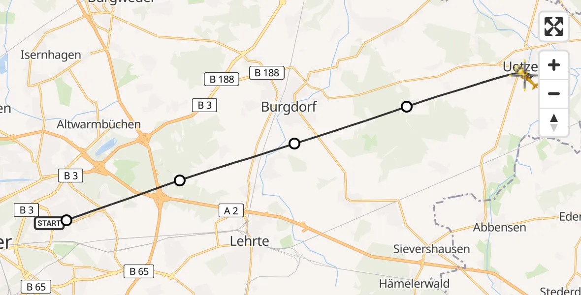Flugroute Rettungshubschrauber Hannover Luftrettung Hubschrauberlandeplatz (Christoph 4) - Uetze, 01 April 2026, 13:49